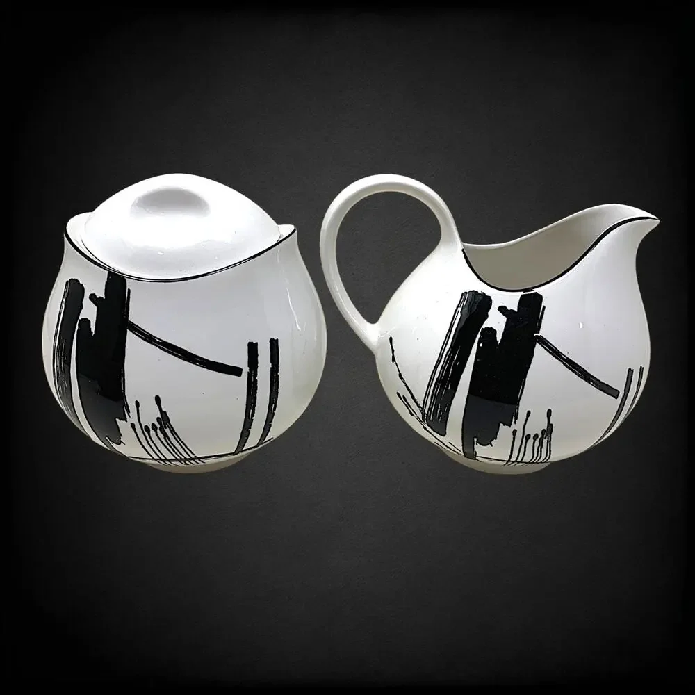 Vintage 1986 Sango Larry Laslo Calligraphy Creamer Sugar Bowl Set MCM Modern